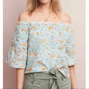 LAIA Anthro Sage Green Floral Eyelet Off The Shoulder Ruffle Sleeve Blouse Sz L